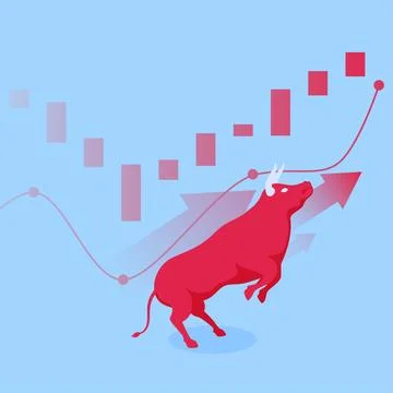 The bull raises its two front legs jumping over the graph, a metaphor for r.. Stock Illustration