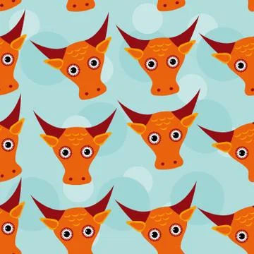 Bull seamless pattern with funny cute animal face on a blue background Stock Illustration