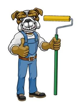 Bulldog Painter Decorator Paint Roller Mascot Man Stock Illustration