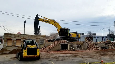Bulldozer Caterpillar machine construction working outside building demolition 1 Vidéo 89346349