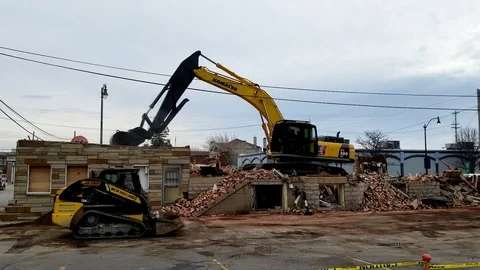 Bulldozer Caterpillar machine construction working outside building demolition 2 스톡 동영상 89346350