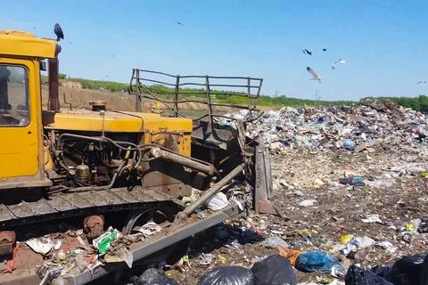A bulldozer clears heaps of garbage in a garbage can. Work bulldozer in a l.. Stock Photos