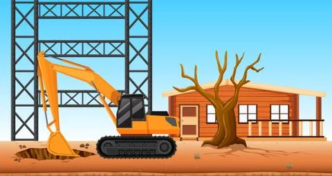 Bulldozer digging hole at the construction site Illustrazione stock
