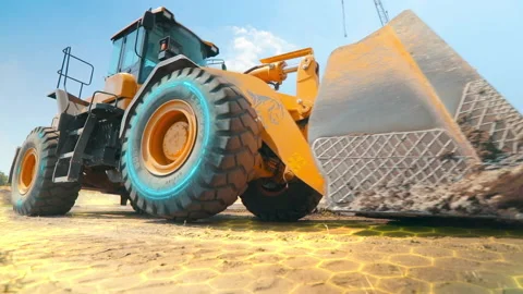 Bulldozer with HUD elements at a construction site. Modern bulldozer with Vidéo 167713404