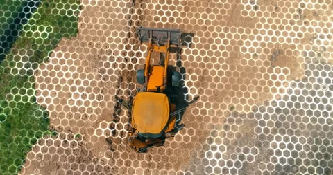 Bulldozer with HUD elements at a construction site. Modern bulldozer with Stock Footage 287190225