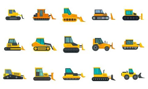 Bulldozer icons set flat vector isolated 스톡 일러스트