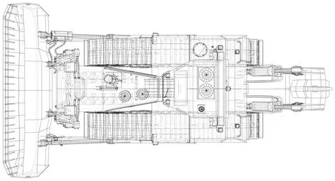 Bulldozer in outline style. Wire-frame line isolated. Vector rendering of 3d Stock Illustration