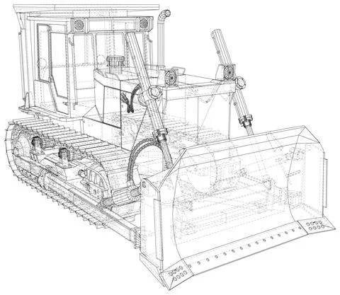 Bulldozer. Tractor drawn with wireframe lines on a white background Illustrazione stock