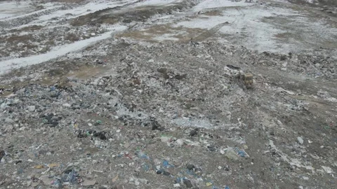 Bulldozer tractor pushes garbage from a mountain in a city dump Stock-Footage 147401533