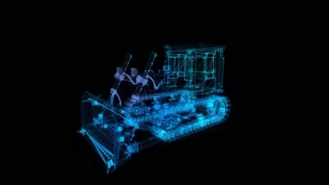 Bulldozer wire-frame polygonal line model. Tractor in motion, lines and points Stock Footage 143763853