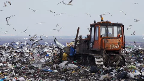 A bulldozer working on the city dump Stock Footage 87446969