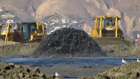 Bulldozers, Construction, Dumping at the Beach, Black Water, Multiple Views Video stock 255095848