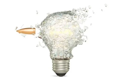 Bullet braking a light bulb, 3D rendering Illustrazione stock