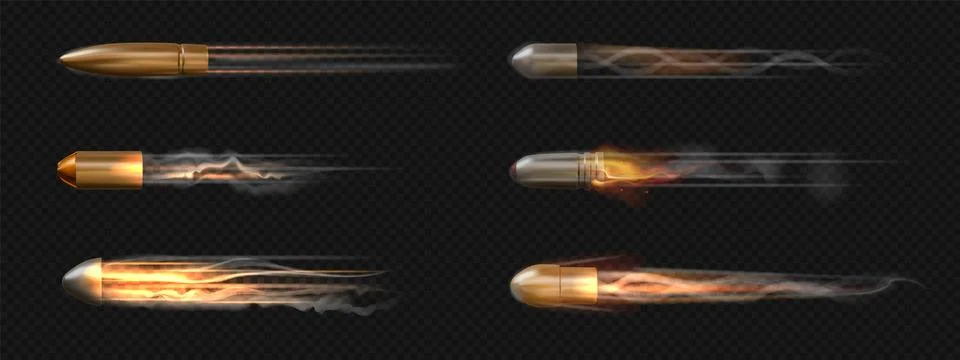 Bullet effect. Flying speed fire. 3D silver projectile trail or pistole shotgun Stockillustratie