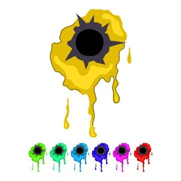 Bullet hole in red splatter with dripping blood graphic Stock Illustration