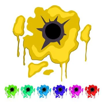 Bullet hole ripping through red blood splatter graphic Stock Illustration