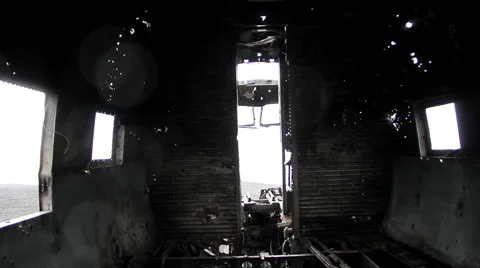 Bullet holes fuselage inside crashed airplane, dolly close up camera Stock Footage 57522954