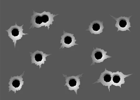 Bullet Holes Set. different damaged element from bullet on metallic surface.  Stock Illustration