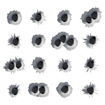 Bullet Holes Set Vector. Realistic Caliber Weapon Bullet Holes Punched Through Stock Illustration