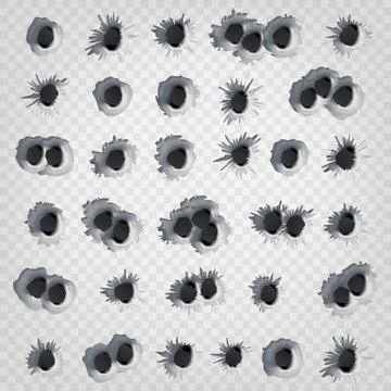 Bullet Holes Set Vector. Weapon Holes Isolated On Transparent Background Stock Illustration