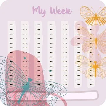 Bullet journal coloured School timetable with FLOWER AND BUTTERFLY themes. We Stock Illustration