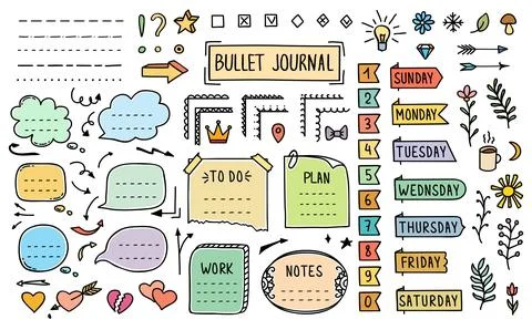 Bullet journal diary doodle elements and stickers Stock Illustration