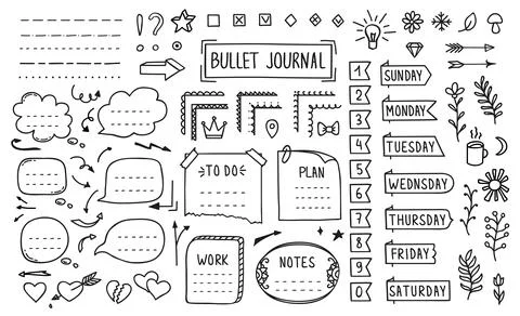 Bullet journal, doodle diary elements, stickers Stock Illustration