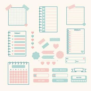 Bullet Journal Elements. Daily Planner and Sticky Notes Set. Stock Illustration