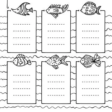 Bullet journal hand-drawn vector frames with different fish 库存插图