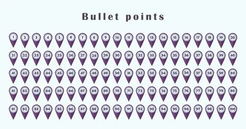 Bullet point set from 1 to 100. Purple markers with numbers in white circles. Stock Illustration