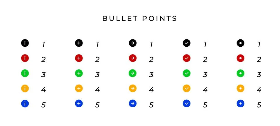 Bullet points icon set. Colored marker list vector illustration. Infographi.. Stock Illustration