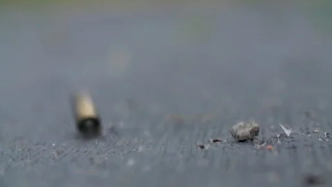 Bullet shell falling in slow motion on the ground Stock Footage 105690790