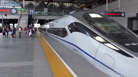Bullet Train And Platform In Railway Station Suzhou China Asia Stock Footage 79790011