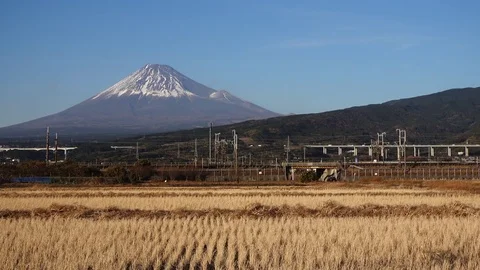 Bullet Train Passing by Mt. Fuji Stock Footage 84837980
