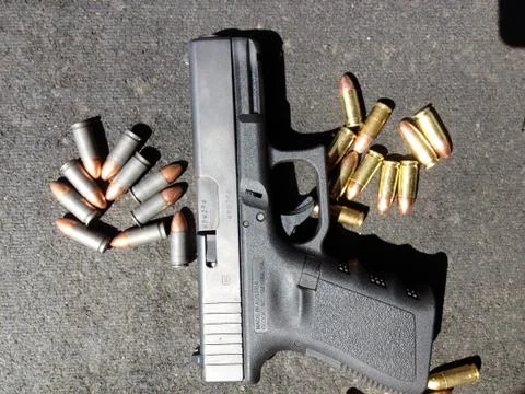 Bullets 9mm 40 caliber close up Stock Photos