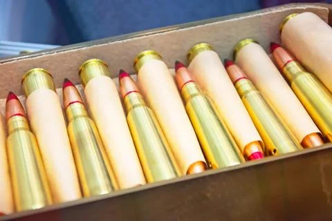 Bullets in a box for large bore weapons, shotgun. 스톡 사진