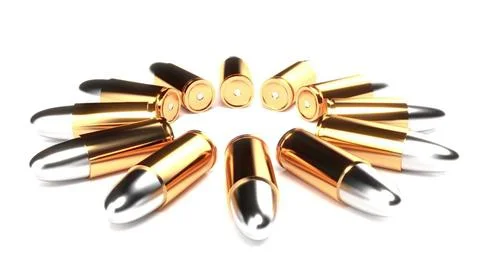 Bullets round move on circle on white surface 3d render Bullets round move... Stock Photos