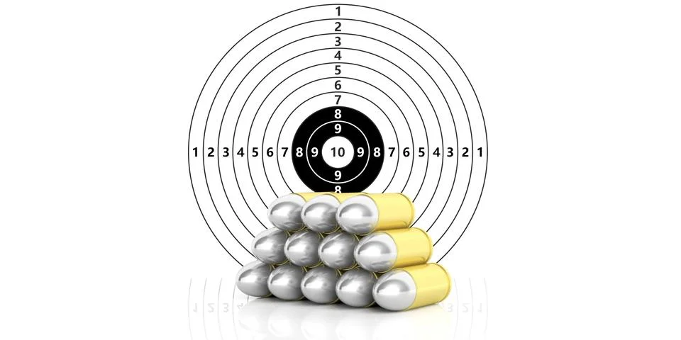 Bullets stack on white paper shooting target with numbers background. 3d illu Stock Illustration