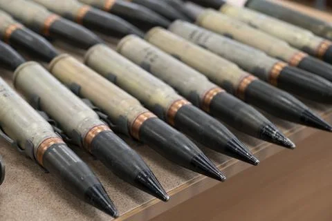 Bullets on table as background, close up view. Foto stock
