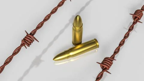 Bullets Trapped in Barbed Wire Concept of Conflict and Restriction 3d render. Stock Illustration