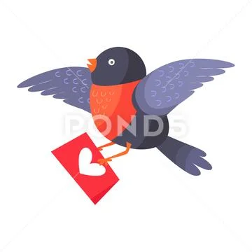 Bullfinch Bird with Red Chest Hold Love Envelope Stock Illustration