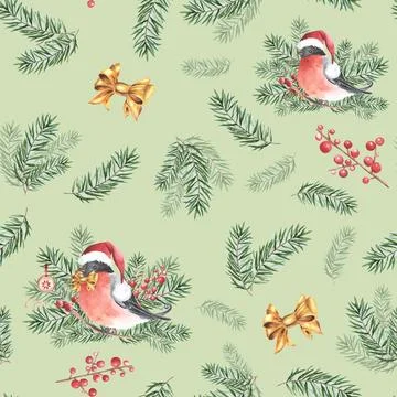Bullfinch bird winter seamless pattern. Watercolor illustration. Hand drawn Stock Illustration
