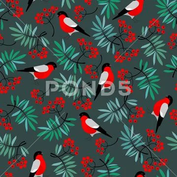 Bullfinch birds seamless pattern with Mountain ash leaves and berries. Merry Stock Illustration