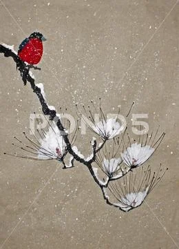 Bullfinch on a pine branch Stock Illustration