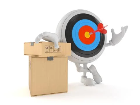 Bull's eye character with stack of boxes Illustrazione stock