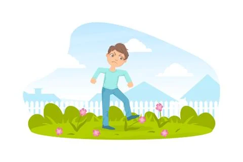 Bully Boy Treading Down Flowers in Meadow, Kids Aggressive Behavior Cartoon Illustrazione stock