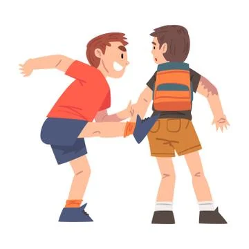 Bully Kicking Weak Boy Victim, Mockery and Bullying at School Problem Cartoon Stock Illustration