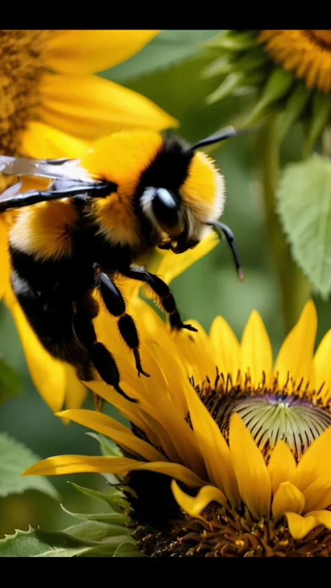 Bumblebee perched on sunflower, gathering pollen. Stock Footage 284320745