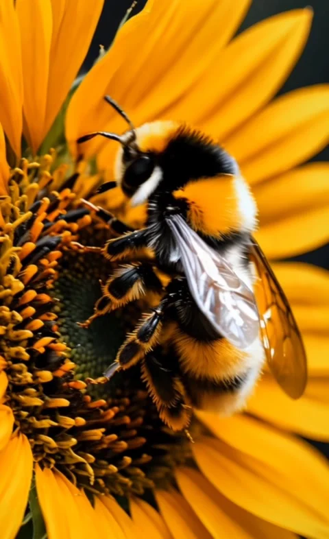 Bumblebee perched on sunflower, gathering pollen. Stock Footage 284321982