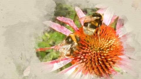 Bumblebee pollinating flower close up Stock Illustration